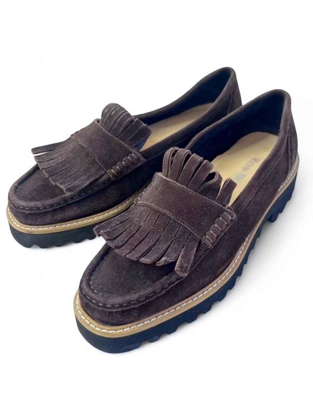 NWOB Ron White Brown Suede Kilt Fringe Loafers  Vibram Lug Platform Soles 6